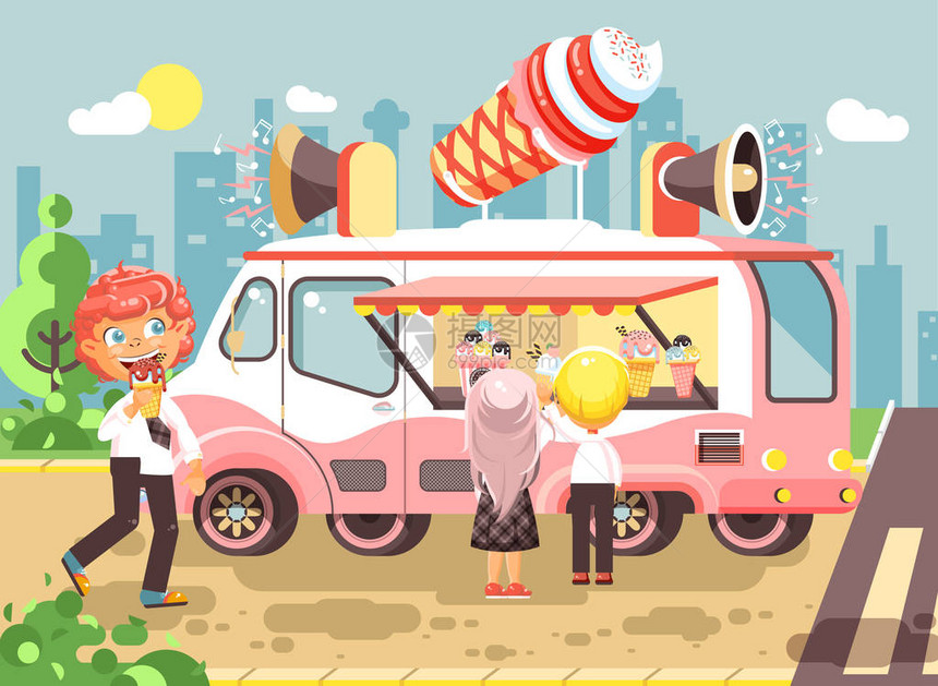 股票矢量插图卡通人物儿童学生和女学生从汽车上购买冰淇淋香草巧克力冰棒车轮上的食物街头食品学校图片