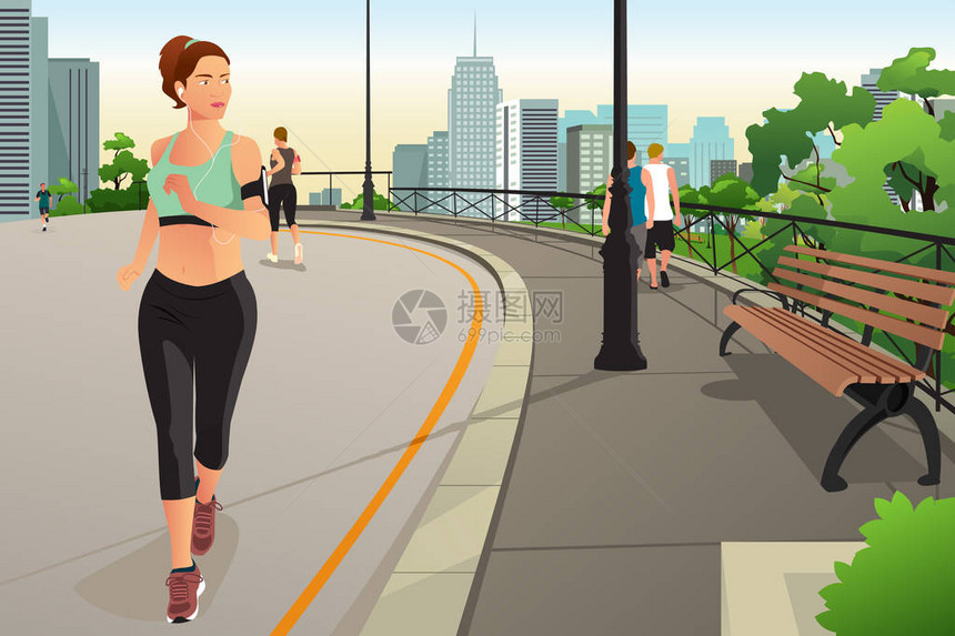 城市公园中美丽女子跑步的矢量插图该图片