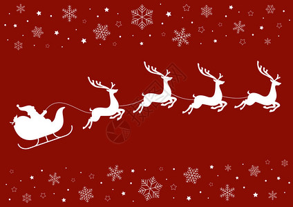 由驯鹿在红色背景上拉着的圣诞老人雪橇背景图片