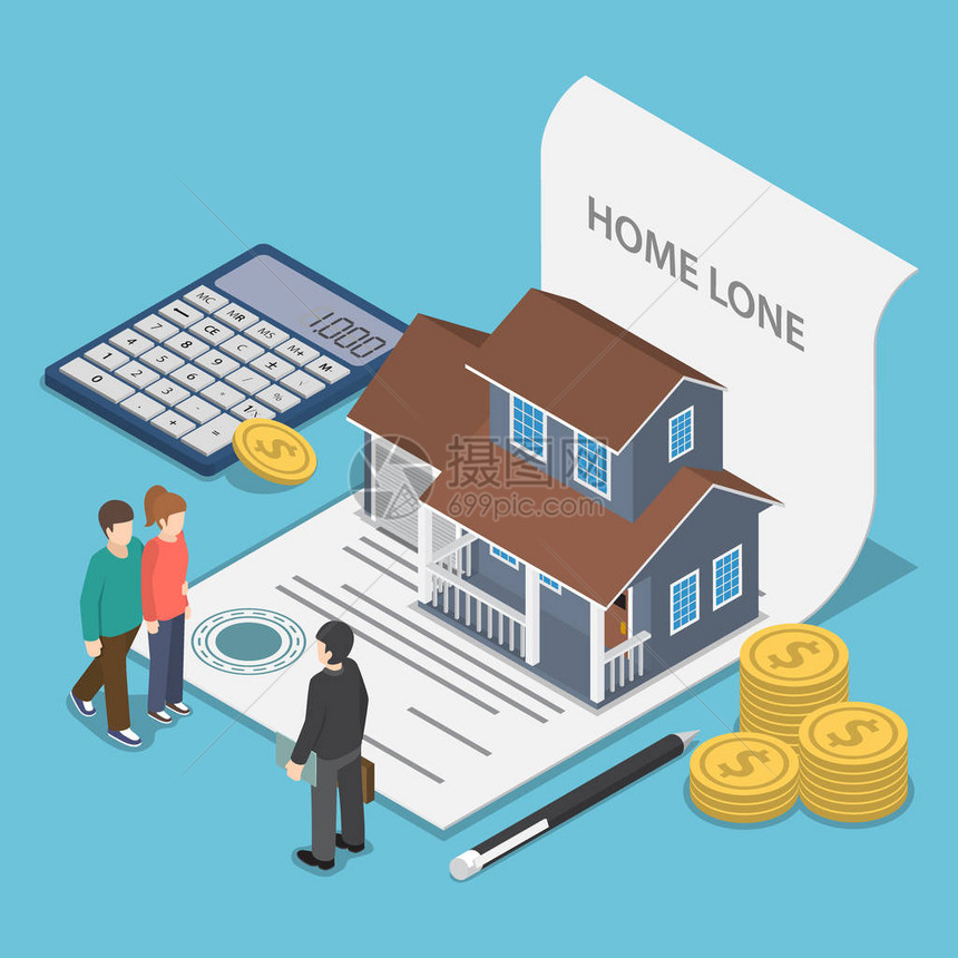 与房地产代理商交谈的一对平坦的3D等式夫妇住房贷款和房图片