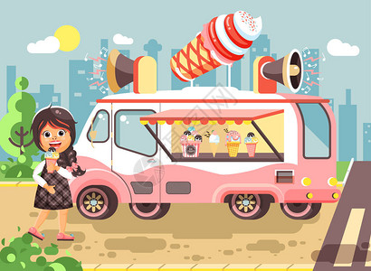 上门取车股票矢量图卡通人物儿童学生女学生孤独的黑发女孩买吃冰淇淋香草巧克力车上的冰棒轮子上的饭菜街头食品学校插画