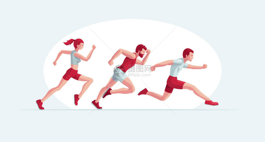 正在运行的人矢量插图两个男人和一个女人正在慢跑易于编图片