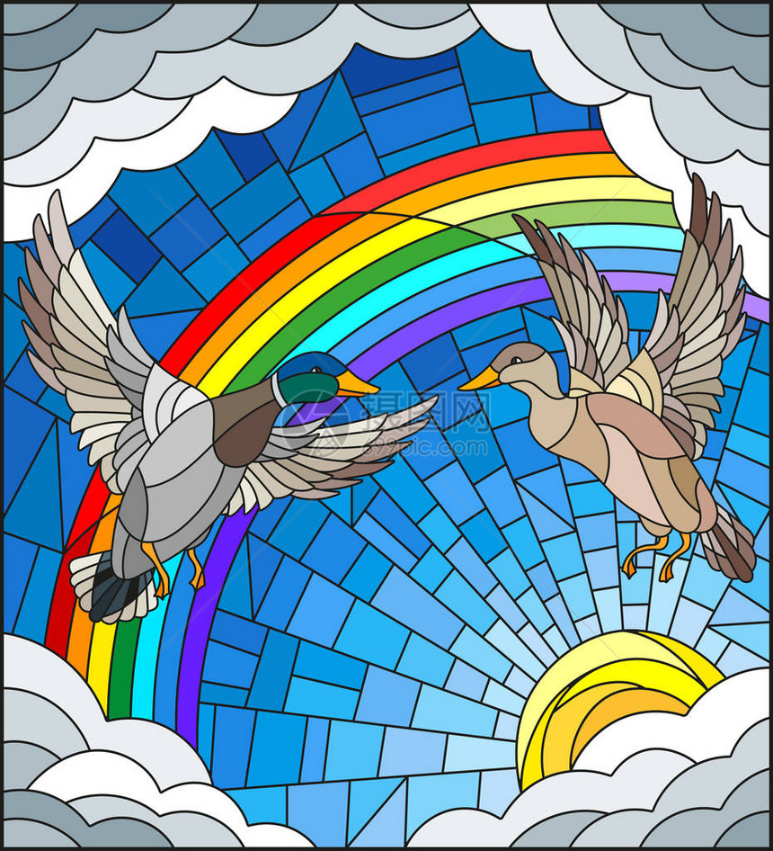 在天空太阳云彩和虹背景上与一对鸭子一起用染色玻图片