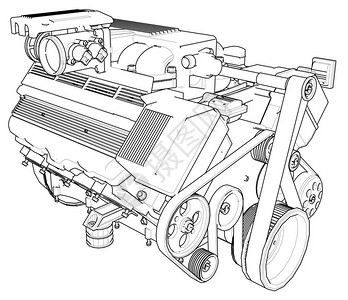 强大的汽车引擎发动机是用黑色线绘制在白色图片