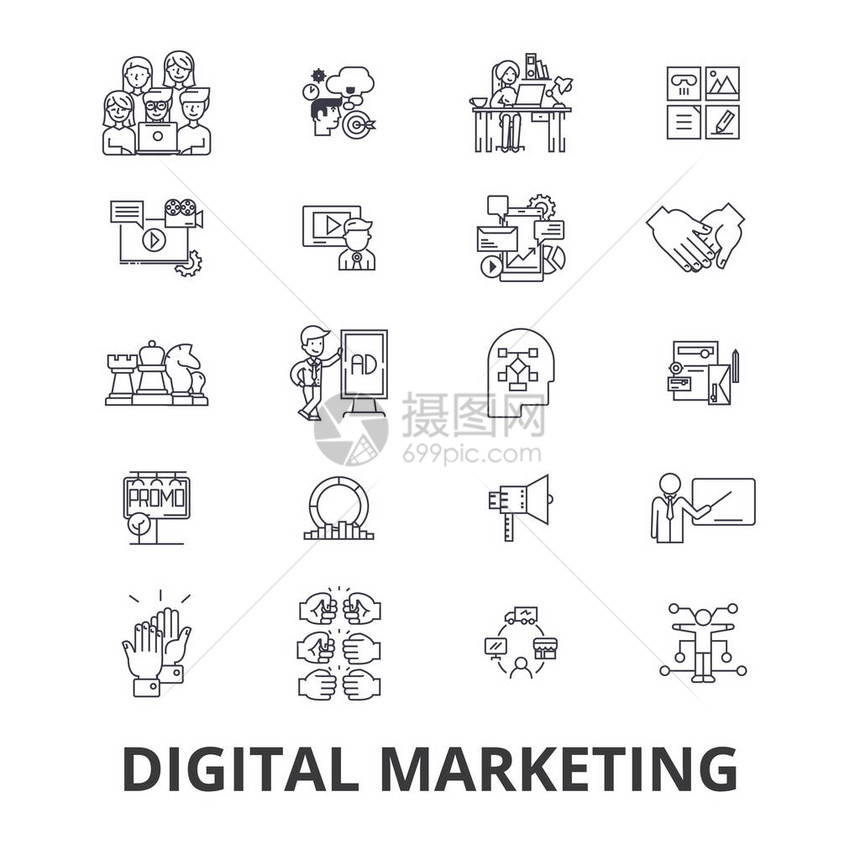 数字营销商业媒体社交seo在线销售战略线图标可编辑的笔画平面设计矢量图符号概念背景上孤图片