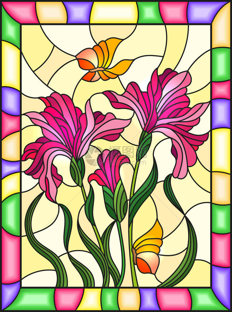 以彩色玻璃风格用一束粉红色的花束和在亮光框中背景上图片
