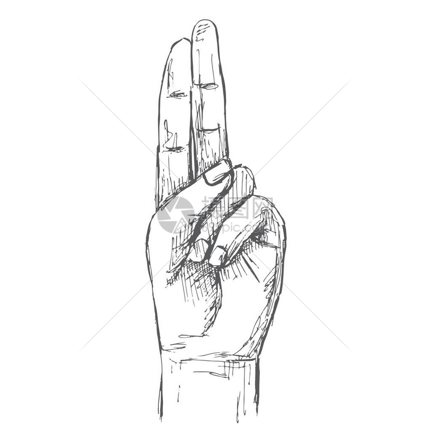 手势两根手指向上素描风格的插图图片