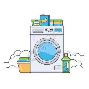 洗衣房服务矢量图工作洗衣机家用化学清洁剂洗衣粉和篮子细线平图片