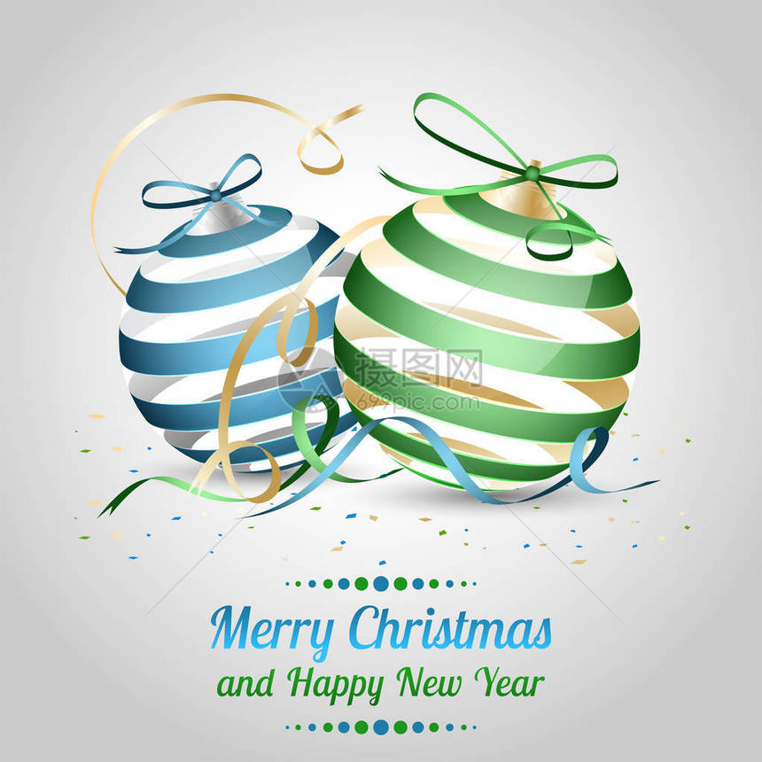 圣诞节和矢量图作为一个愿望与蓝色和绿色圣诞小玩意弓和丝带圣诞图片