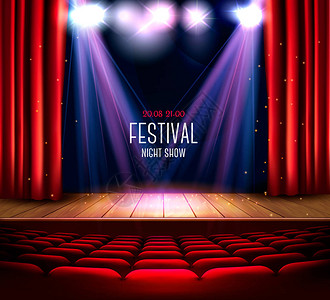 红窗帘和聚光灯的戏剧舞台节夜表背景图片