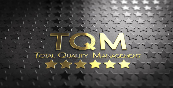 首字母缩略词TQM和用字母在黑色背景上用星书写的文本图片