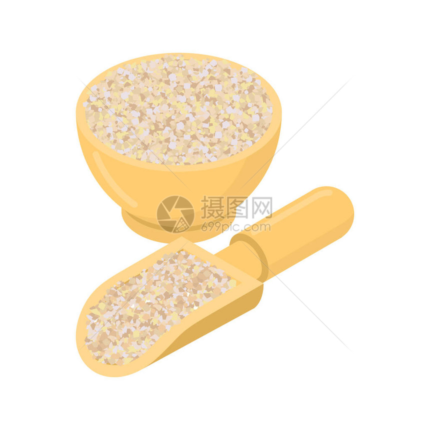 木碗和勺子里的大麦糁木盘和铲子里的碎粒白色背景上的图片