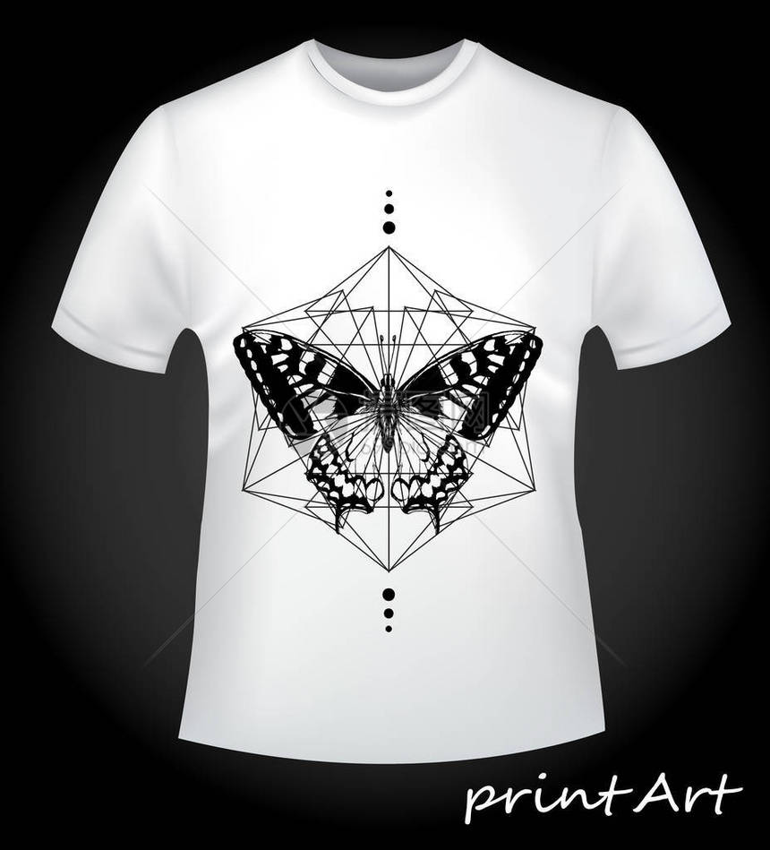 带印刷几何和详细蝴蝶的创意白色T恤衫季节趋图片