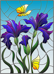 以彩色玻璃风格用一束紫色的花束和蓝色背景的黄图片