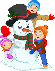 一起去秋游与白背景的雪人一起玩卡通儿童游插画