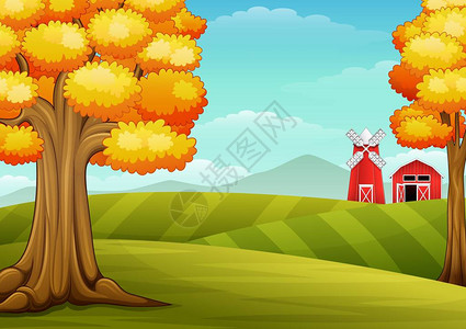 以谷仓和风车在农场景观中的秋季图片