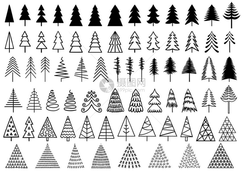 72棵圣诞树用于现代最低要求卡一套图片