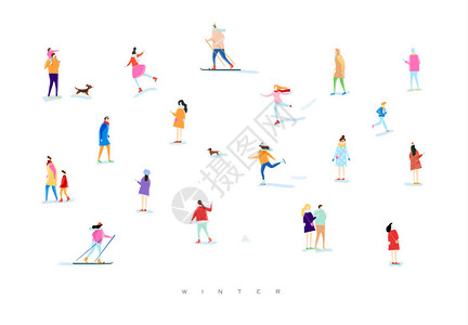 图解人们在冬季散步打雪球滑雪滑冰与孩子和狗玩耍恋人在白色图片