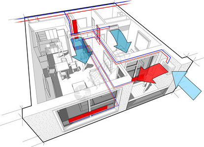 加热管一间卧室公寓的透视剖面图设计图片