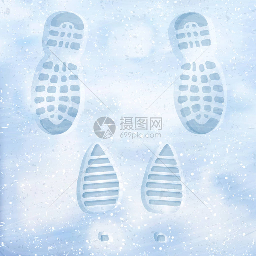 男鞋和女靴在雪地里的痕迹洁白的冬雪上清晰的深脚印在雪地里追踪俯视图面对雪面纹理图片