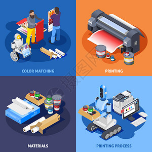 印刷厂测绘行业等距2x2设计理念与绘图机材料计算和工人图片