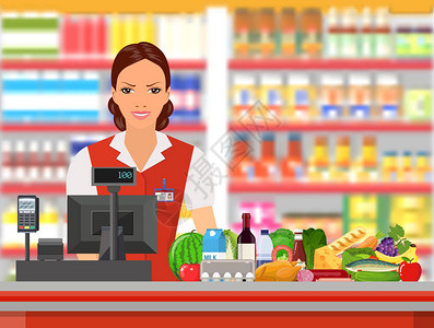 杂货店收银员在工作女结账收银员用食物对着货架上的货物平面样图片