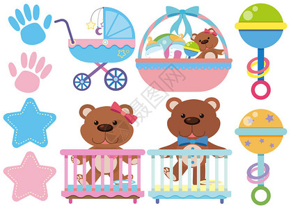 白色背景插图上的婴儿玩具和附件Baby图片