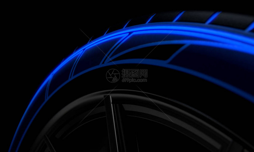 现代式低调轮胎蓝色未来发光模式在黑暗的情绪演播室背景图片