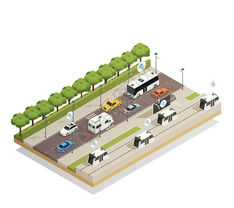 智能城市交通辅助技术将汽车融入基础设施等距视图繁忙的道路组成图片