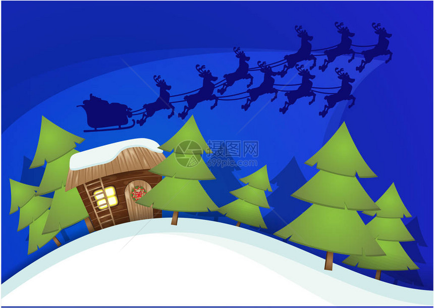圣诞贺卡飞行的驯鹿在天空中拉着圣诞老人的雪橇矢量图片