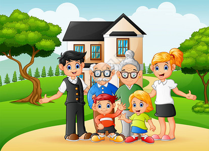 Cartoon家庭幸福成员在房子前院图片