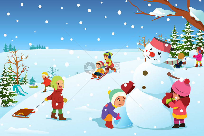 冬季儿童在外面玩耍的矢量插图图片