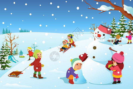 冬季儿童在外面玩耍的矢量插图图片