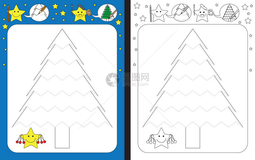 学龄前练习精细运动技巧的工作表追踪圣诞树插图片