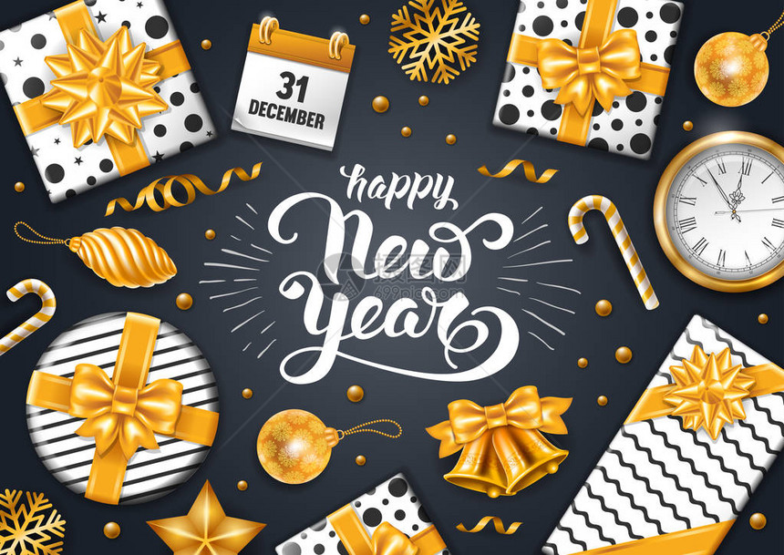 新年豪华设计与黑色背景上的节日物品书法题字新年图片