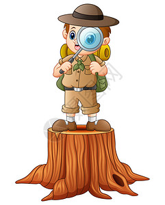 Boy探险家的矢量插图树桩图片