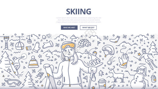 滑雪度假胜地上女滑雪者Doodle矢量插图图片