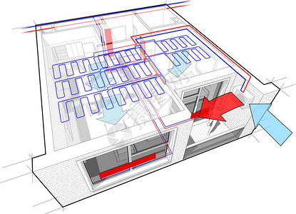 加热管一间卧室公寓的透视剖面图设计图片