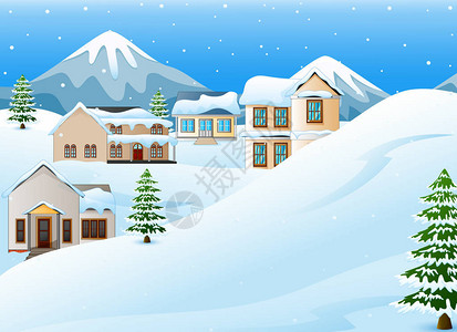 以山和雪覆盖房屋的冬季风景图片
