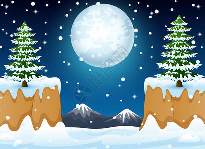 雪山和的夜间冬季景观的矢量插图图片
