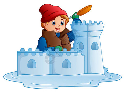 城堡海得尔堡卡通男孩在冬衣中的矢量插图建插画