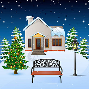 在雪山上用房屋木板和圣诞树绘制冬季夜间背景的矢量插图图片