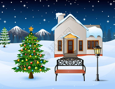 在雪山上用房屋木板和圣诞树绘制冬季夜间背景的矢量插图图片