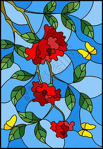 在蓝色背景上用鲜花玫瑰叶和蝴蝶的彩色玻璃风格图片