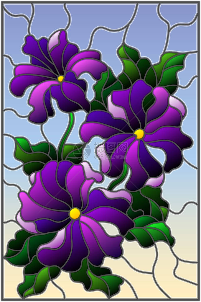 使用三朵鲜亮的紫色花朵Petunia花蕾和蓝底叶子来显示图片