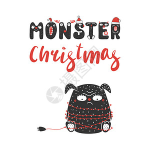 手画贺卡和一个可爱的脾气暴躁的怪物在圣诞图片