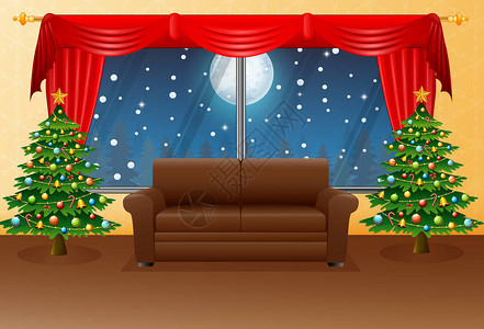 以扶手椅fir树和红窗帘展示圣诞节客图片