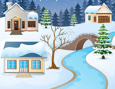 Cartoon冬季农村景观的矢量插图图片