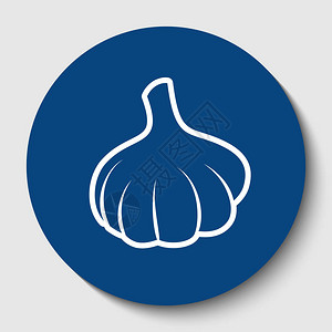 大蒜简单的标志向量白色背景上深色蔚蓝圆圈中的白色轮图片
