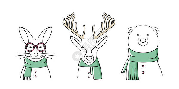 兔子鹿和熊身着冬衣和温暖的围巾线条图片